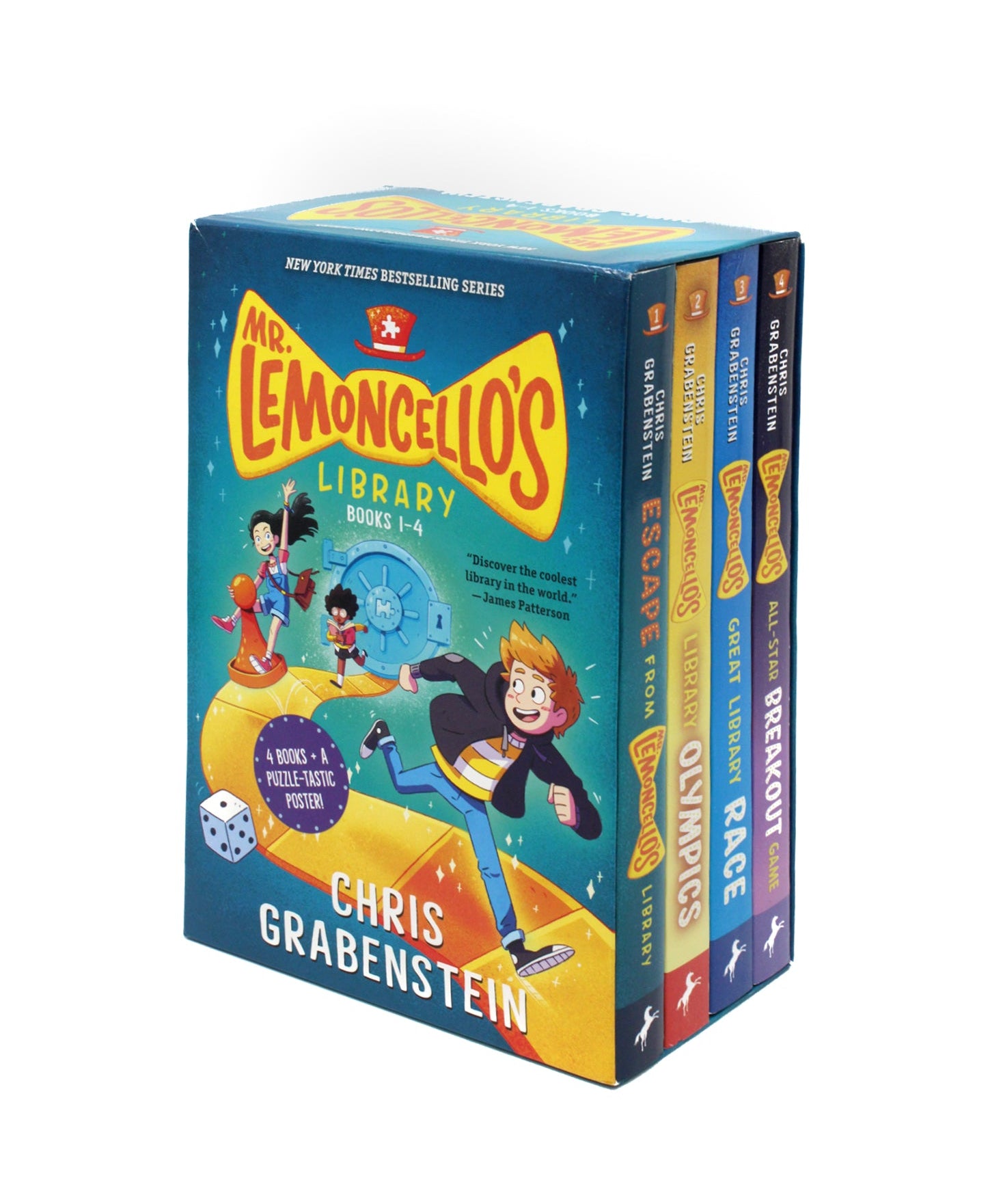 Photo of Mr. Lemoncello's Library Books 1-4 Box Set by Chris Grabenstein on a White Background