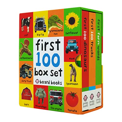 First 100 series 3 Books by Roger Priddy (Trucks, Dinosaurs & First Farm Words) Children Collection Box Set