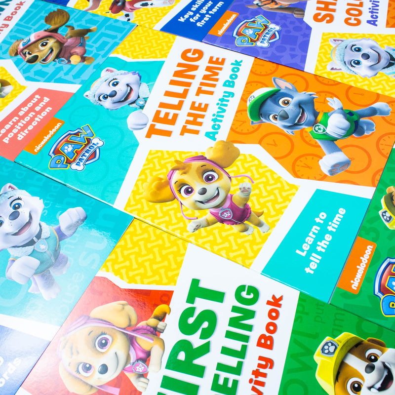 Paw Patrol Get Set for School Activity 12 Books Collection Set (First Letters, Phonics, Writing, Numbers, Counting, Spelling, 100 Words, Fun With Numbers, Telling the Time, Left right up down & More)