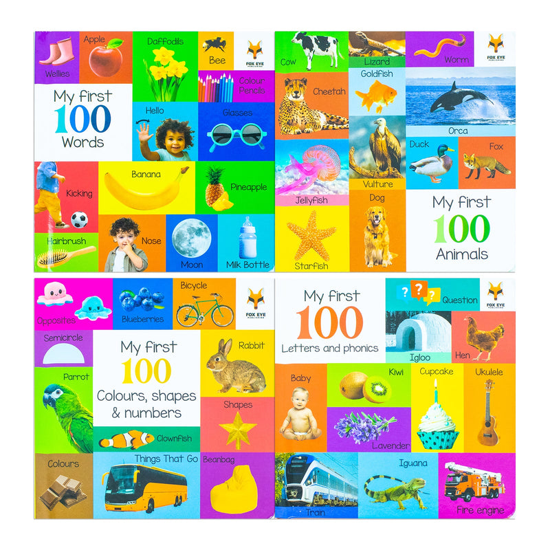 y First 100 Words Box Set 4 Board Books Collection Set(Words, Animals, Colours, Shapes and Numbers, Letters and Phonics)