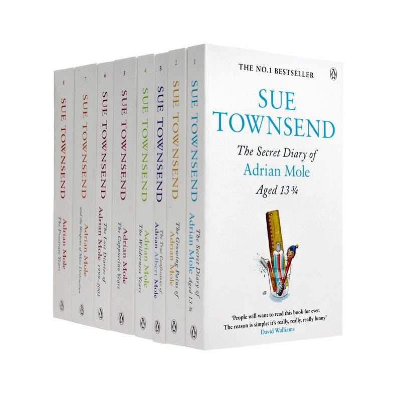 Adrian Mole 8 Book Set by Sue Townsend, Humorous Coming of Age Paperback Collection, Engaging British Comedy Series for Teens & Adults