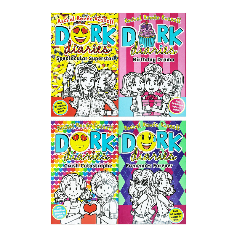 Dork Diaries Series Collection 4 Books Set By Rachel Renee Russell (Birthday Drama!, Spectacular Superstar,Crush Catastrophe,Frenemies Forever )