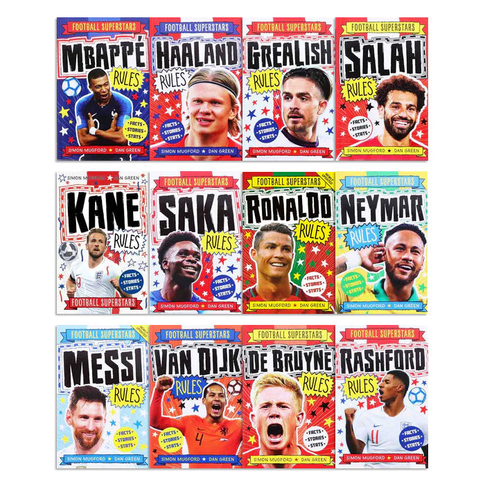 Football Superstars 12 Books Collection Rules Mega Pack Set By Simon Mugford & Dan Green (Ronaldo, Neymar, Messi, Kane, Mbappe, Rashford, Haaland, Salah, De Bruyne & More)