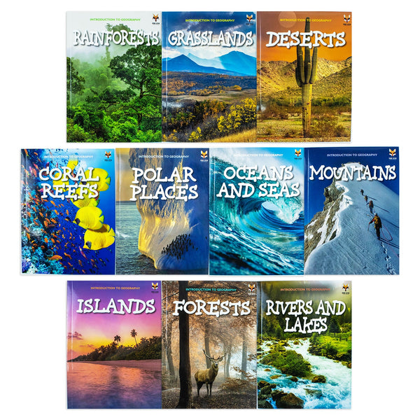 Childrens Introduction to Geography for Beginners 10 Book Collection Set: (Coral Reefs, Deserts, Forests, Grasslands, Islands, Mountains, Ocean and Seas, Polar Places, Rainforests, Rivers and Lakes)