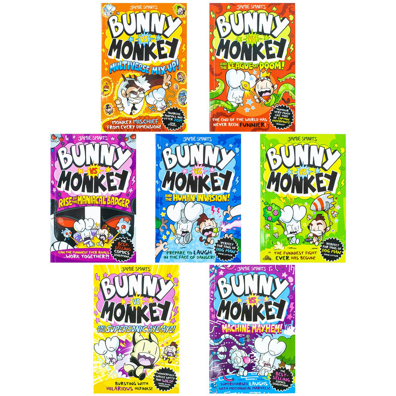 Bunny vs Monkey 7 Books Collection Set By Jamie Smart (Bunny vs Monkey, Supersonic Aye-aye, The Human Invasion, Rise of the Maniacal Badger, the League of Doom!, Multiverse Mix-up & Machine Mayhem)