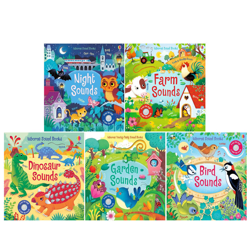 Usborne Sound Books Collection 5 Book Set By Sam Taplin (Farm Sounds, Bird Sounds, Garden Sounds, Dinosaur Sounds, Night Sounds)