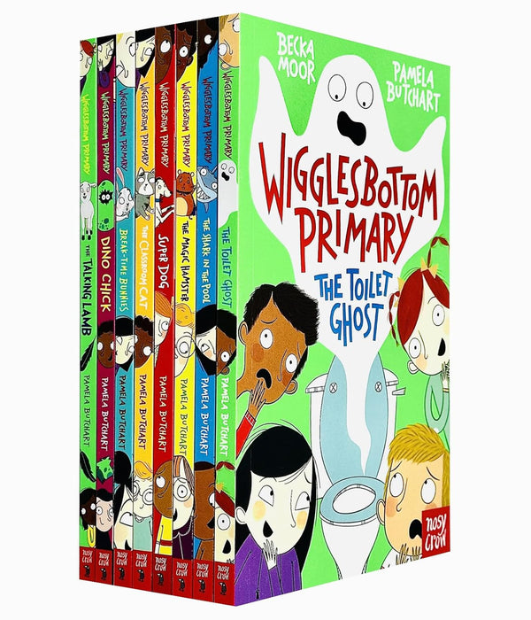 Wigglesbottom Primary Series 8 Books Collection Set By Pamela Butchart (The Toilet Ghost, Shark in the Pool, Magic Hamster, Super Dog, Classroom Cat, Break Time Bunnies, Dino Chick & Talking Lamb)