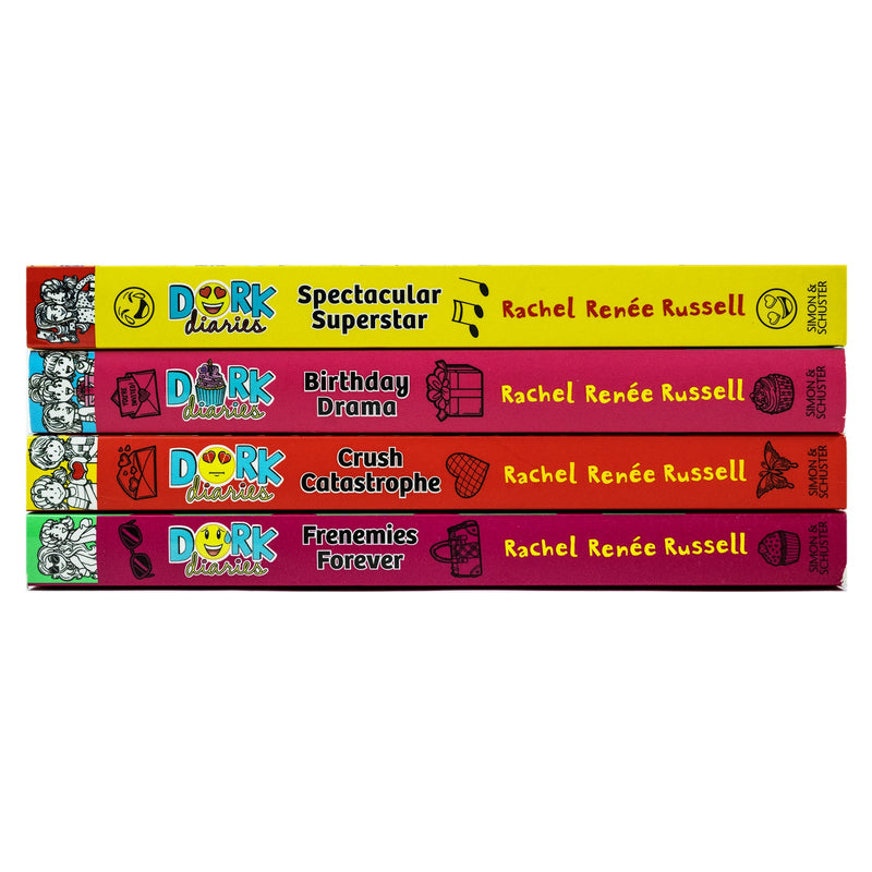 Dork Diaries Series Collection 4 Books Set By Rachel Renee Russell (Birthday Drama!, Spectacular Superstar,Crush Catastrophe,Frenemies Forever )