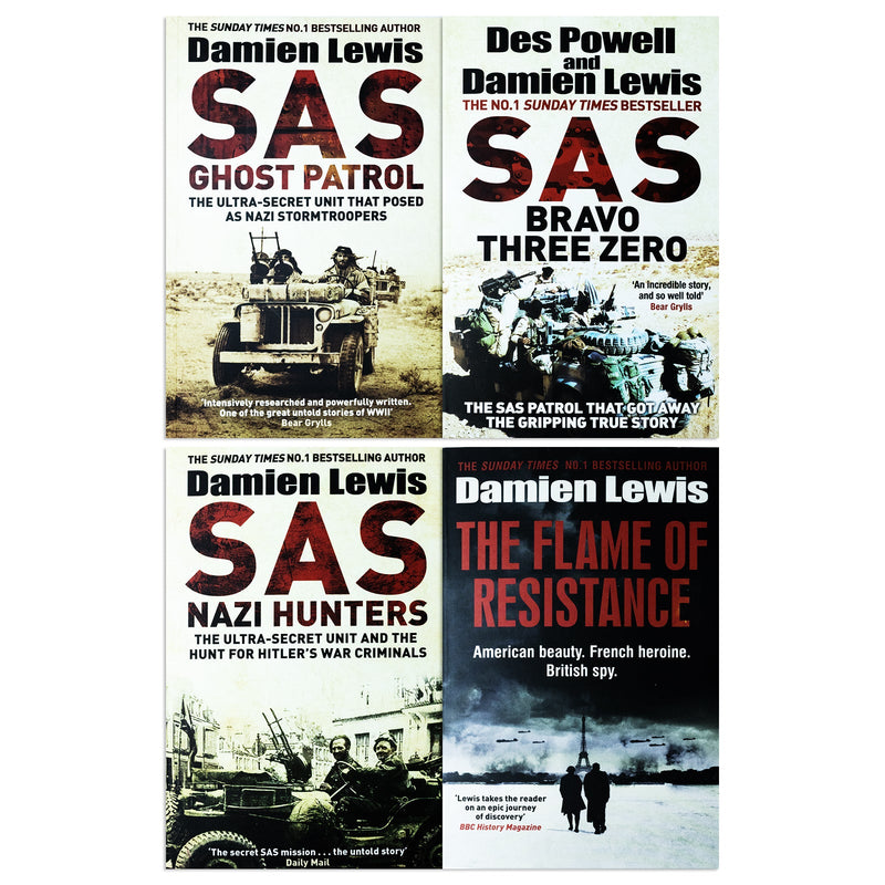 Damien Lewis Collection 4 Books Set (SAS Ghost Patrol, SAS Bravo Three Zero, SAS Nazi Hunters & The Flame of Resistance)