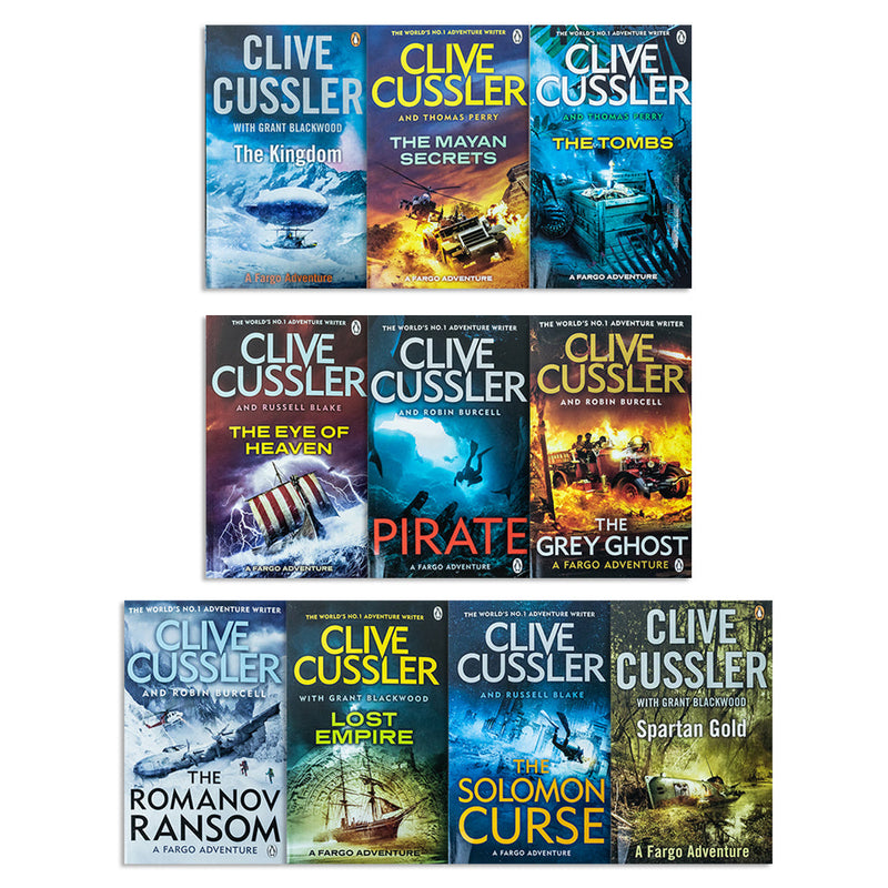 Clive Cussler 10 Book Collection Set (The Kingdom,Mayan Secrets,Tombs,Eye Of Heaven,Pirate,Grey Ghost,Romanov Ransom,Lost Empire,Solomon Curse,Spartan Gold)