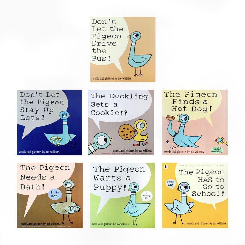 Don't Let the Pigeon Series 7 Books Collection Set by Mo Willems (Pigeon Drive the Bus, Stay Up Late, Duckling Gets a Cookie, Finds a Hot Dog, Needs a Bath, Wants a Puppy & Has To Go To School)